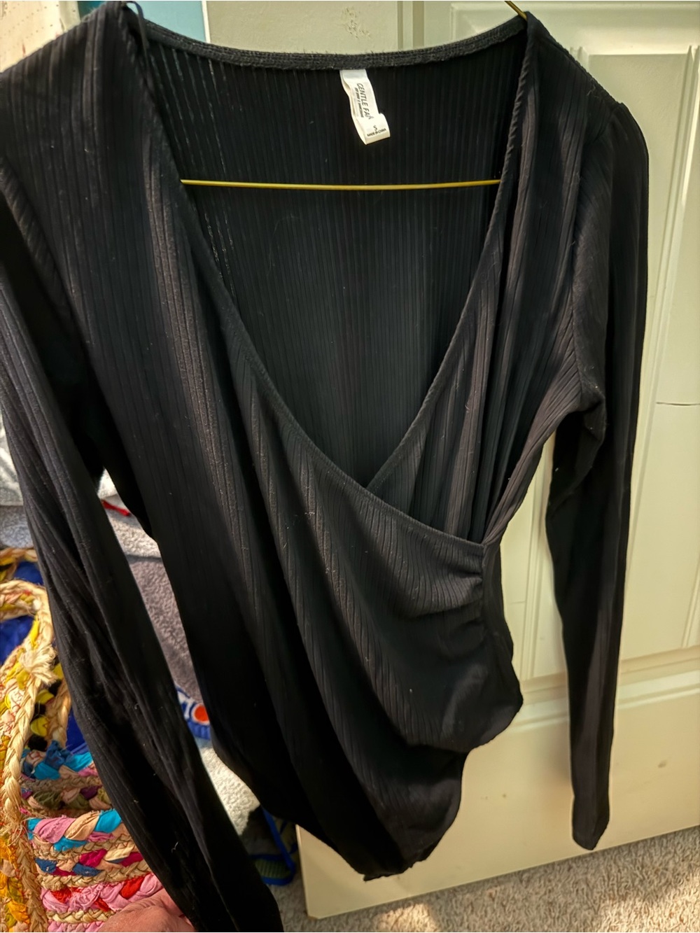 Gentle Fawn Black Ribbed Wrap-Front Long Sleeve bodysuit